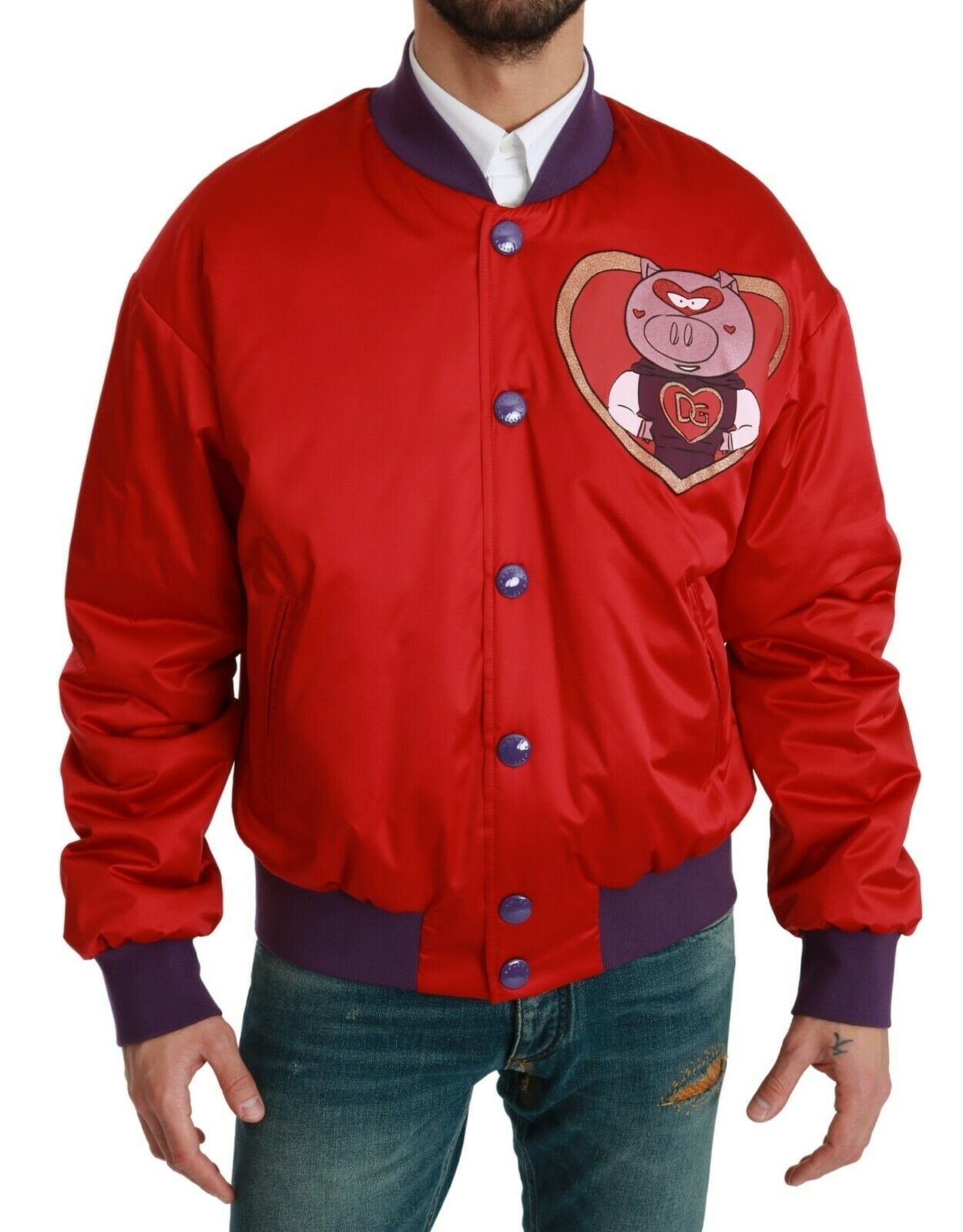 Chaqueta bomber roja vibrante con motivo multicolor de Dolce & Gabbana