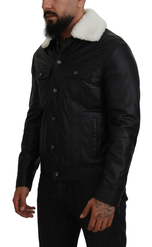 Dolce & Gabbana Black Lamb Leather Collared Men Coat Jacket