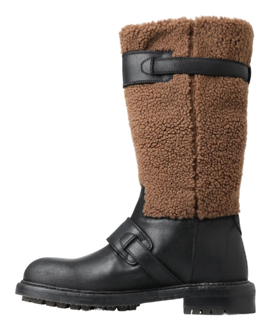Bottes longues en cuir shearling noir Dolce & Gabbana