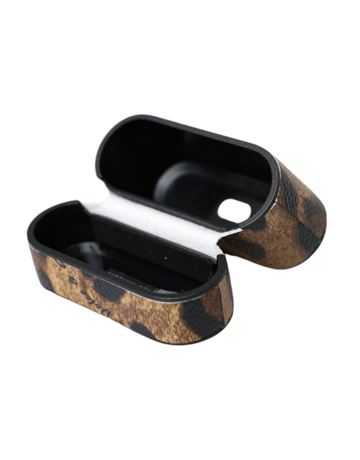 Estuche para AirPods Dolce & Gabbana de piel de becerro con estampado de leopardo marrón y placa metálica con el logotipo