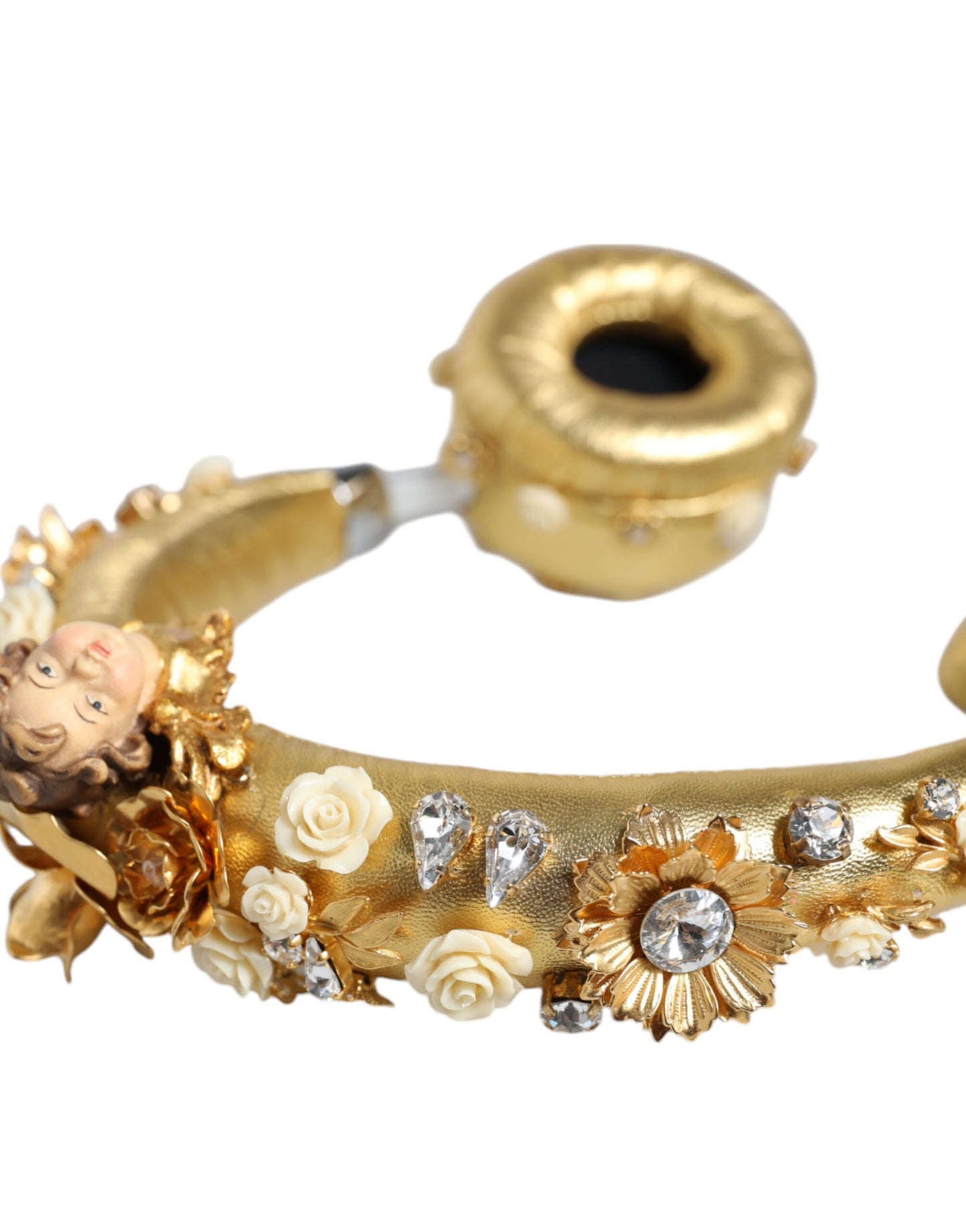 Casque audio Dolce & Gabbana en cuir doré avec motif floral et cristaux Angel
