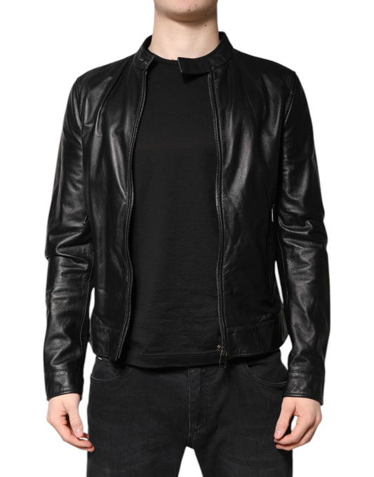 Chaqueta biker de piel de oveja negra con cremallera completa de Dolce & Gabbana