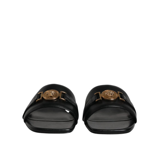 Authentic Versace Black Leather Logo Plaque Open Toe Slip-On