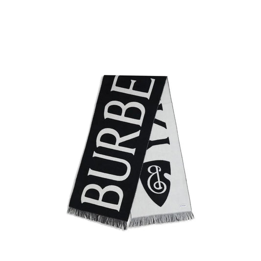 Burberry Black Wool Logo Scarf with B Shield Jacquard Pattern
