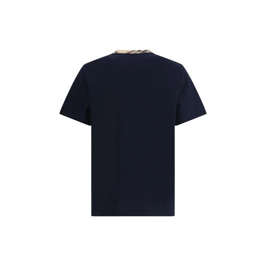 Burberry Blue Cotton T-Shirt with Check Trims in Soft Jersey