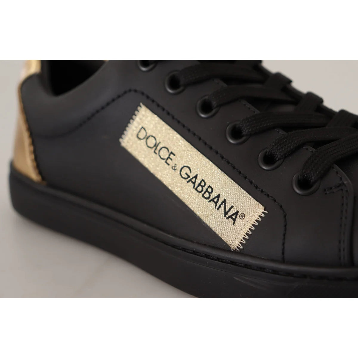 Dolce & Gabbana Black Gold Leather Low Top Sneakers Womens Shoes