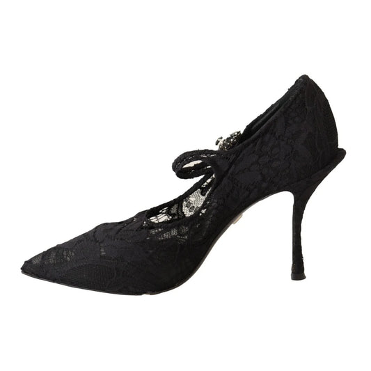 Dolce Gabbana Black Lace Stiletto Mary Jane Pumps with Crystal Strap &