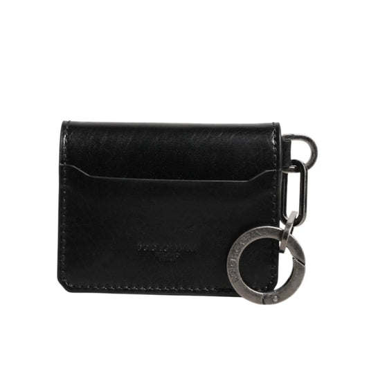 Dolce & Gabbana Black Leather Card Holder Wallet with Key Chain