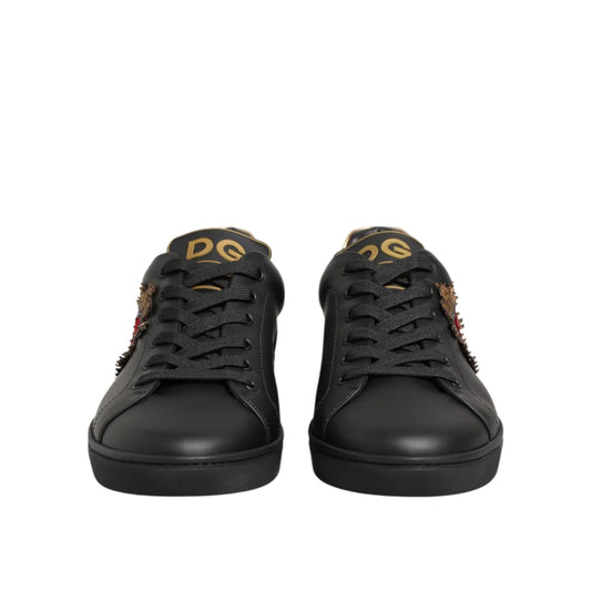 Dolce and Gabbana Black Leather Heart Embellished Sneakers &