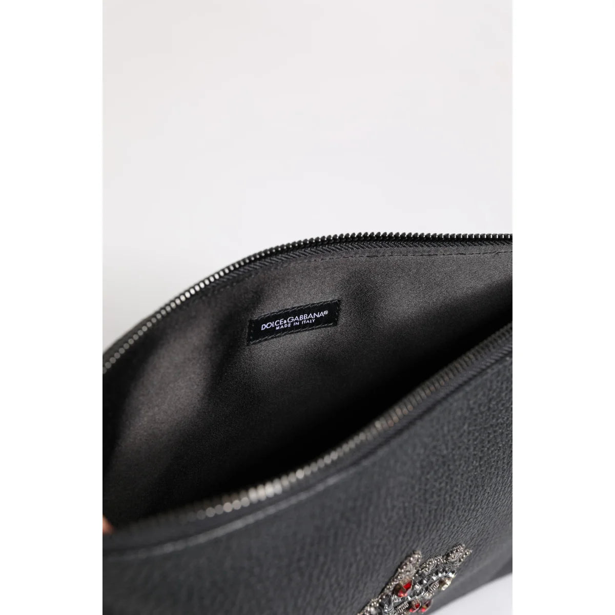 Dolce Gabbana Black Leather Pouch Bag with Logo Engraved Detailing &