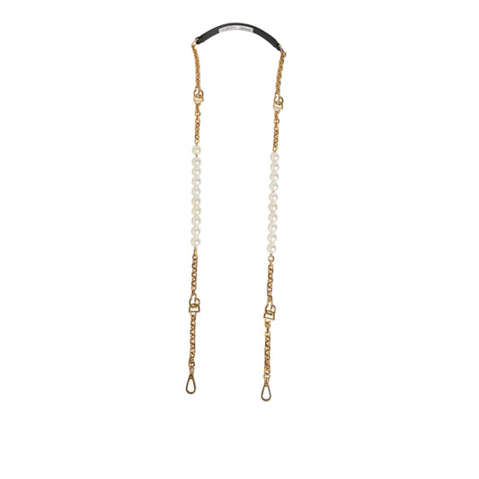 Dolce & Gabbana Black Leather Shoulder Strap with Gold Chain and Pearls