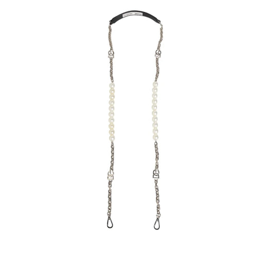 Dolce & Gabbana Black Leather Shoulder Strap with Pearls and Brass Chain