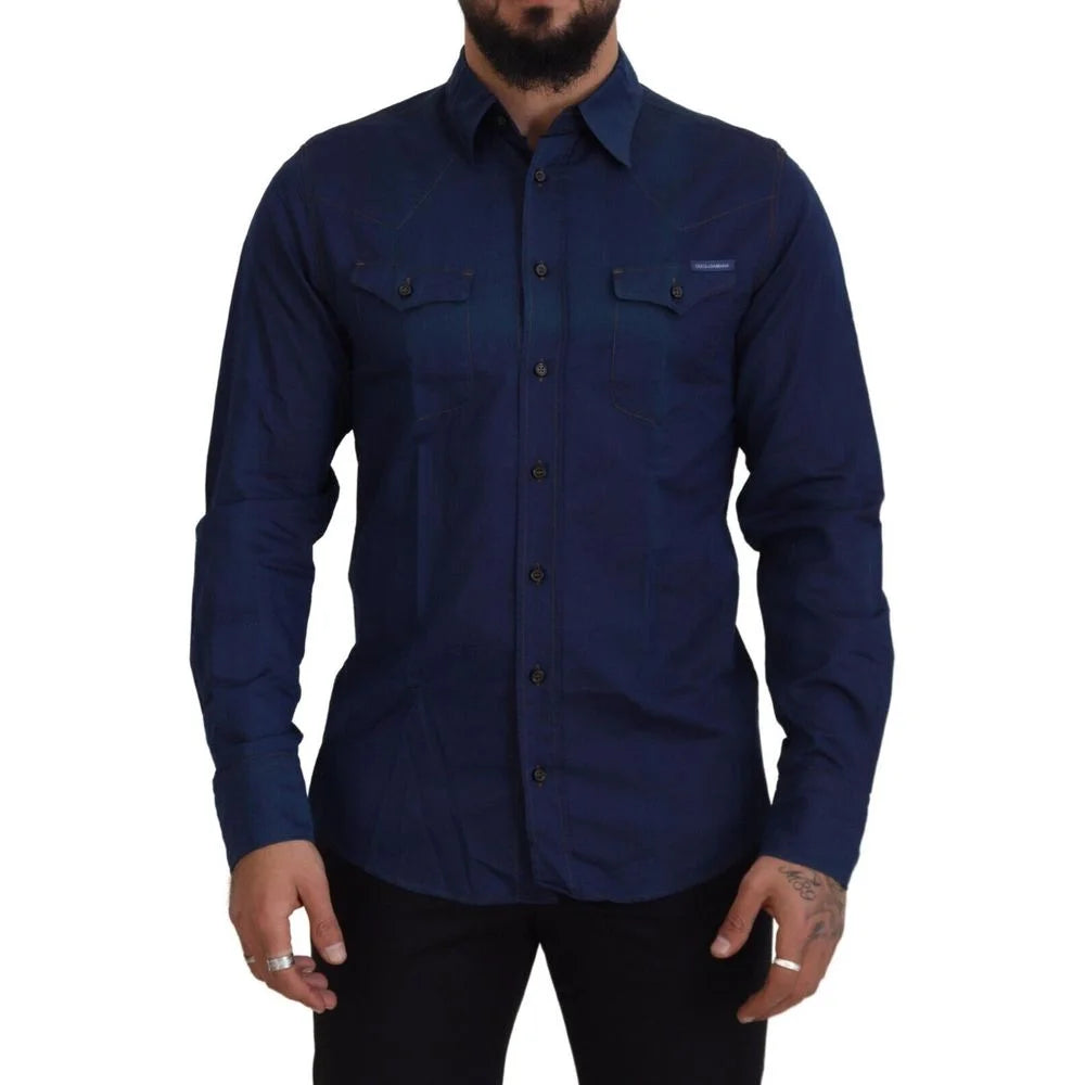 Dolce & Gabbana Blue Slim Fit Logo Details Long Sleeves Shirt