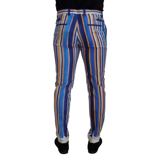 Dolce & Gabbana Blue Striped Silk Cotton Slim Trousers Pants