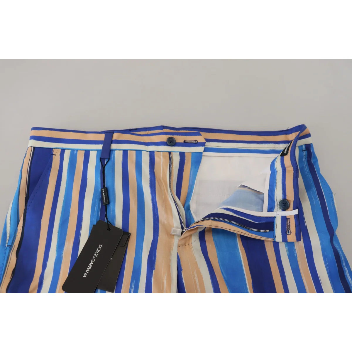 Dolce & Gabbana Blue Striped Silk Cotton Slim Trousers Pants