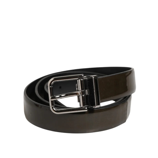 Dolce and Gabbana Brown Glossy Leather Classic Belt with Silver Buckle &