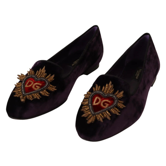 Dolce Gabbana Silk Velvet Heart Appliques Luxury Loafers &