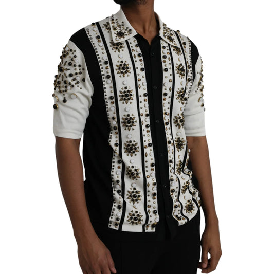 Dolce and Gabbana White Black Silk Studded Embellished Shirt &