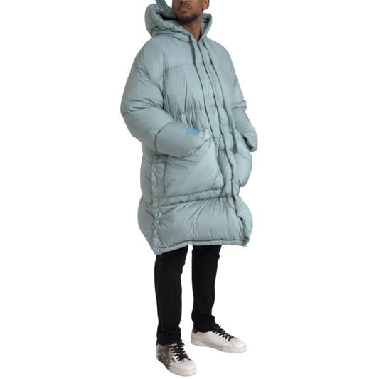 Dolce & Gabbana Zip Puffer Jacket in Light Blue with Hood and Logo