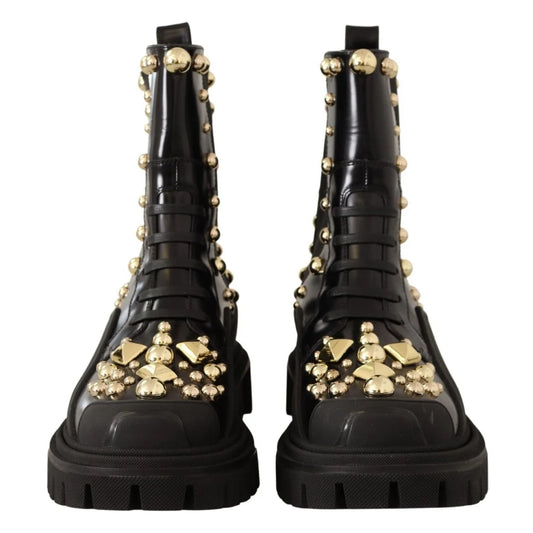 Edgy Dolce & Gabbana Gold Studded Combat Boots with Embroidered Flair