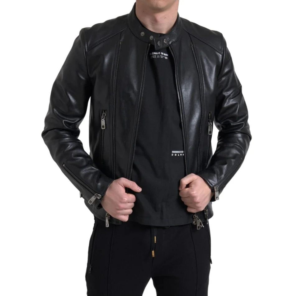 Exclusive Dolce Gabbana Leather Biker Jacket with Zipper Closure &