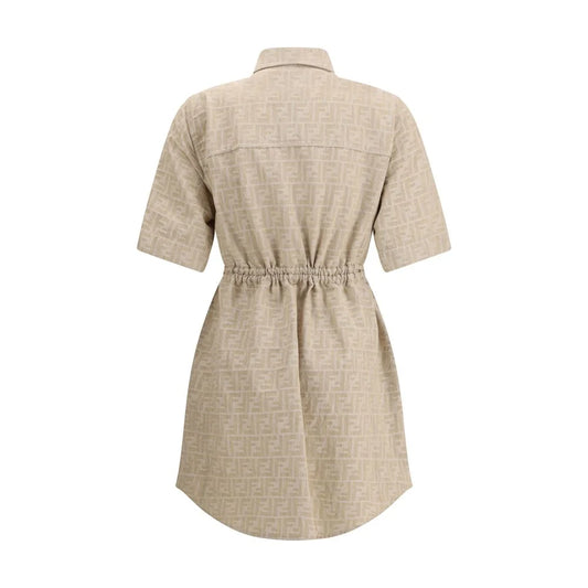 Fendi Beige Cotton Chambray Chemisier Dress with Classic Collar