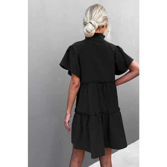 Playful Frill Trim Smocked Tie Neck Mini Dress Clothing Tops Trendsi