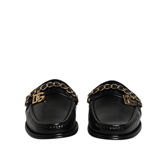Gabbana Black Leather DG Chain Embellished Slip On Sandals Dolce &