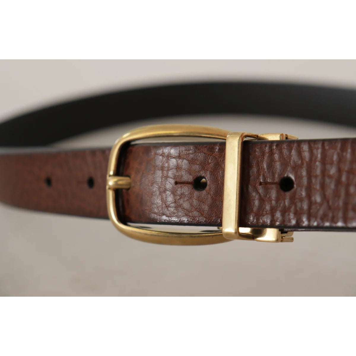 Gabbana Brown Leather Classic Belt with Engraved Metal Logo Buckle Dolce &
