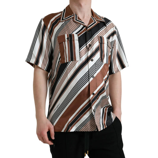Gabbana Brown White Silk Striped Shirt Classic Short Sleeve Style Dolce &