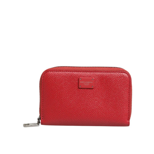 Gabbana Red Leather Zip Wallet with Silver Logo Plaque Luxury Dolce &