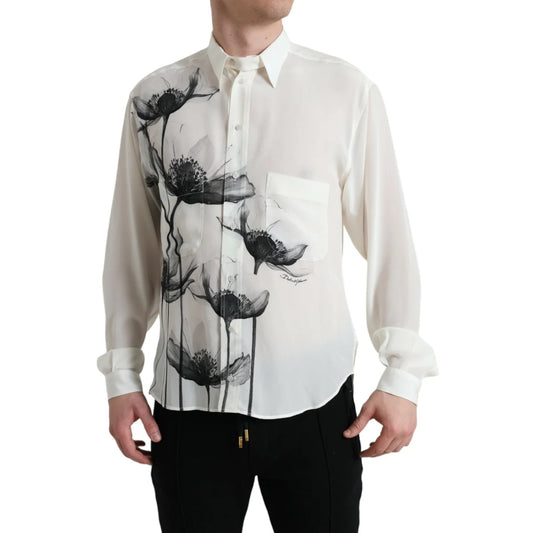 Gabbana White Floral Collared Silk Dress Shirt for Effortless Elegance Dolce &