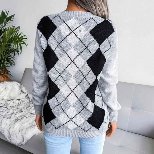 Chic Stretchy Geometric V Neck Sweater for Effortless Style Clothing Tops Trendsi