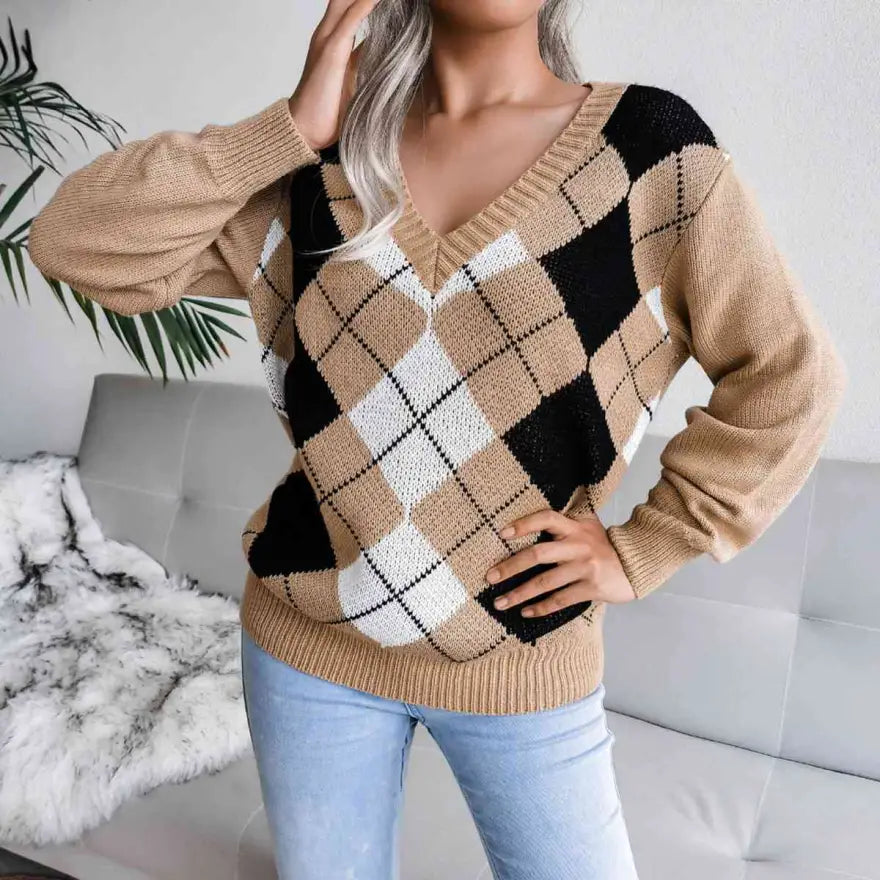 Chic Stretchy Geometric V Neck Sweater for Effortless Style Clothing Tops Trendsi