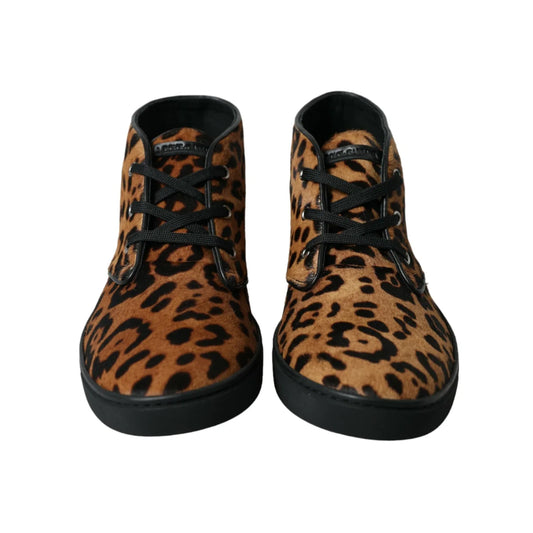 Glam DOLCE & GABBANA Brown Leopard Pony Hair Sneakers Rubber Cleated Sole Dolce Gabbana