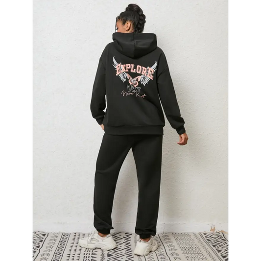 Cozy Graphic Hoodie and Sweatpants Set with Adjustable Sleeve Length Clothing Tops Trendsi