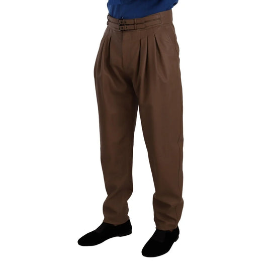 Luxury Dolce Gabbana Leather Tapered High Waist Pants with Button Closure &