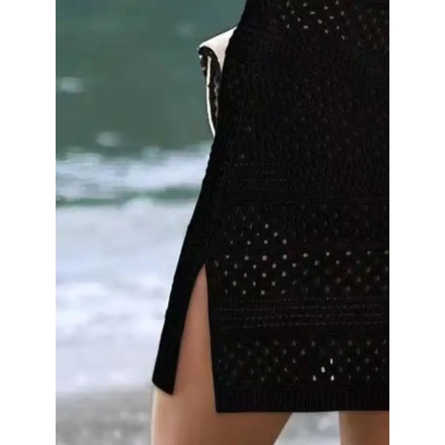 Alluring Openwork Scoop Neck Semi Sheer Slit Tee Clothing Tops Trendsi