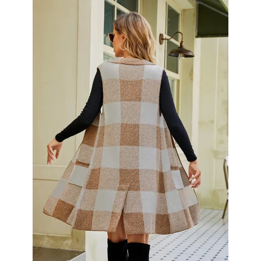 Mesmerizing Plaid Lapel Collar Sleeveless Cardigan Glamour Clothing Tops Trendsi