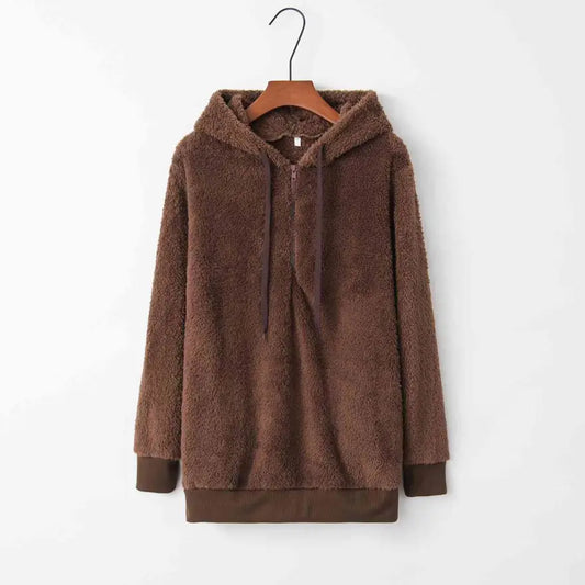 Cozy Quarter Zip Drawstring Teddy Hoodie in Soft Plush Materials Clothing Tops Trendsi