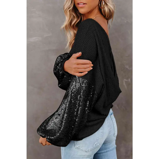 Captivating Sequin Waffle Knit Blouse Radiating Exquisite Shine Clothing Tops Trendsi
