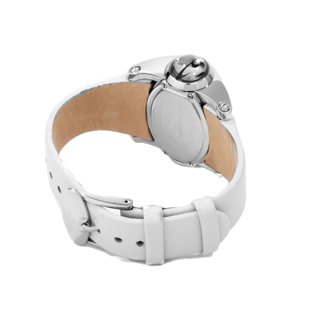 Silver Stainless Steel Quartz Watch with White Leather Strap for Clothing Style Chronotech