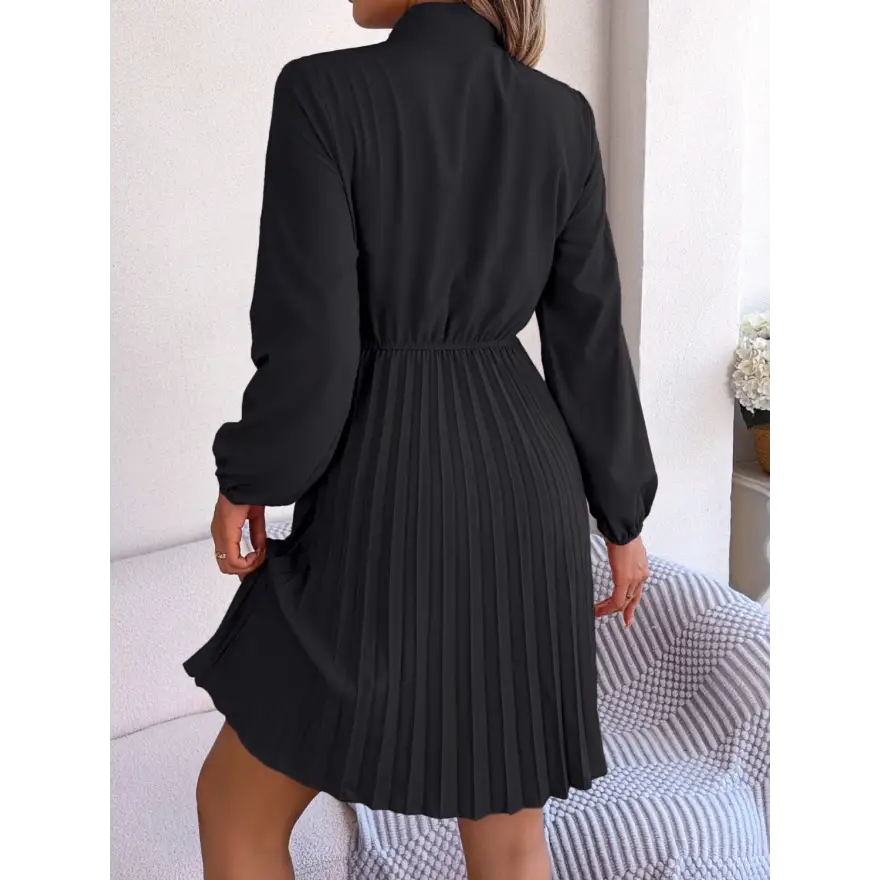 Chic Balloon Sleeve Tie Neck Dress with Pleated Elegance Clothing Tops Trendsi