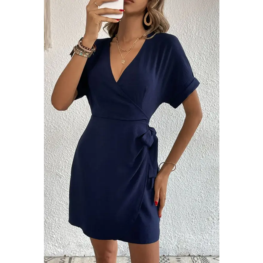 Trendy Ruched Tie Dress with Flirty Balloon Sleeves Clothing Tops Trendsi