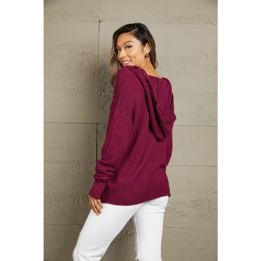 Cozy Fringe Trim Hooded Sweater Flaunts Horizontal Ribbing Clothing Tops Trendsi