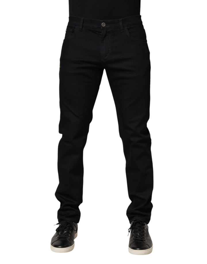 Dolce &amp; Gabbana Black Floral Cotton Skinny Men Denim Jeans