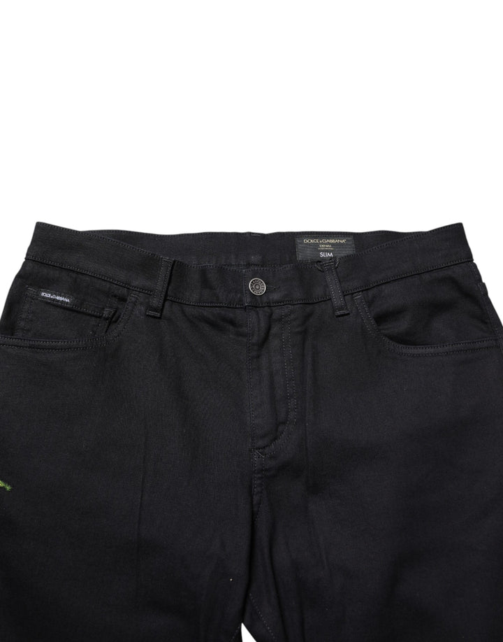 Dolce &amp; Gabbana Black Floral Cotton Skinny Men Denim Jeans