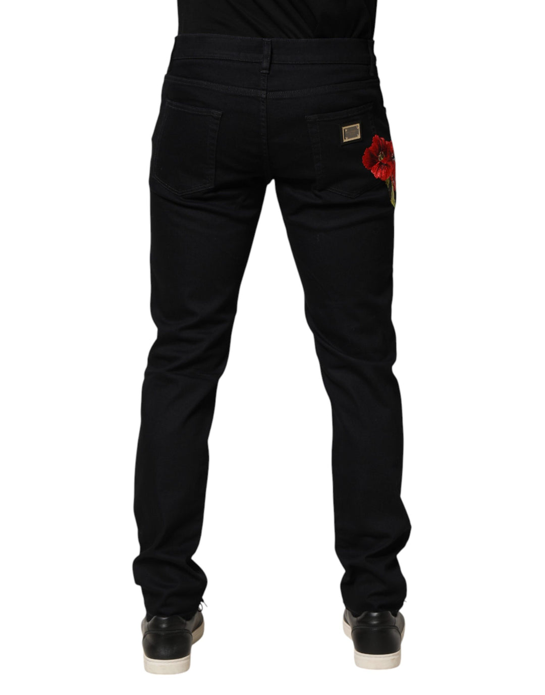 Dolce &amp; Gabbana Black Floral Cotton Skinny Men Denim Jeans