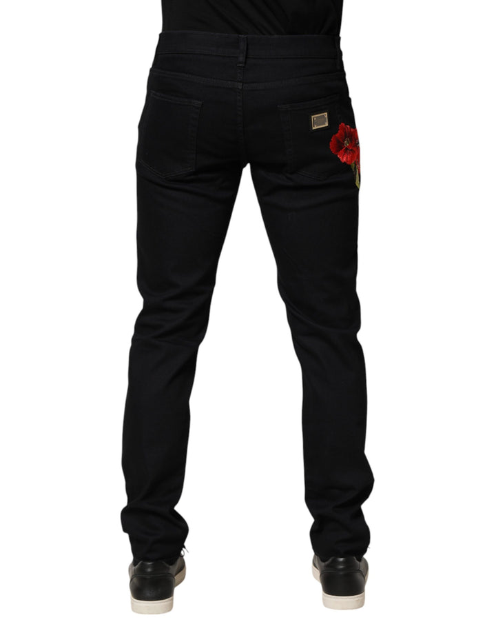 Dolce &amp; Gabbana Black Floral Cotton Skinny Men Denim Jeans