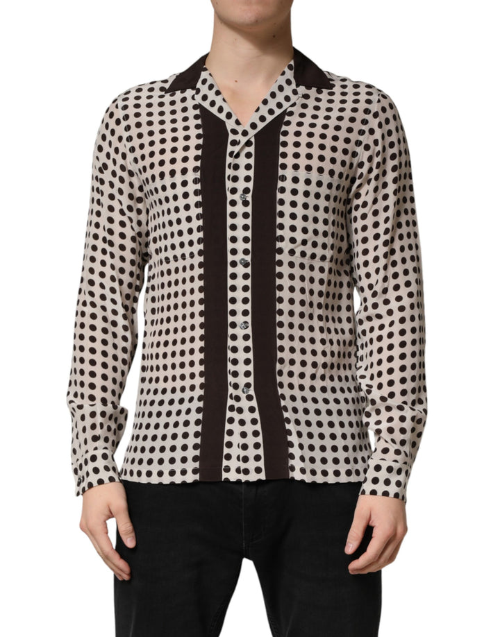 Dolce &amp; Gabbana White Black Polka Dot Silk Men Casual Shirt